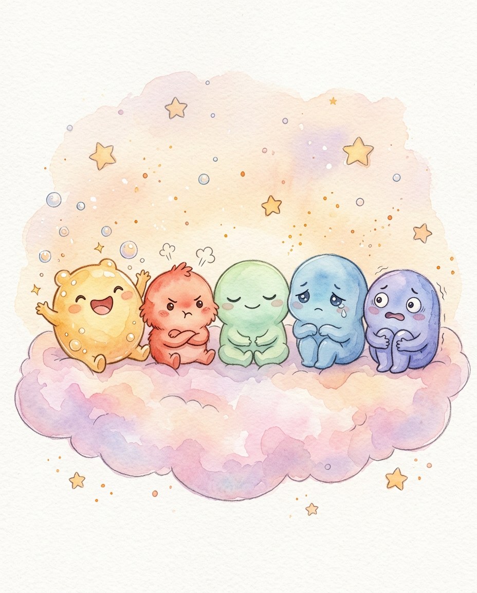 Personagens ilustrados mostrando alegria, raiva, calma, tristeza e medo